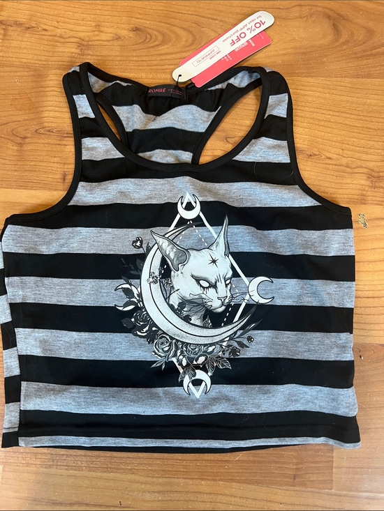 ROMWE Tops - Striped Black & Gray L Cropped Tank top with Moon Cat nwt